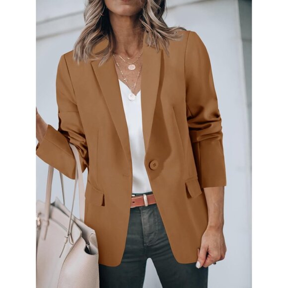 Women’s Brown Cicy Bell Casual Blazer Open Front Long Sleeve Office Suit - Picture 4 of 5